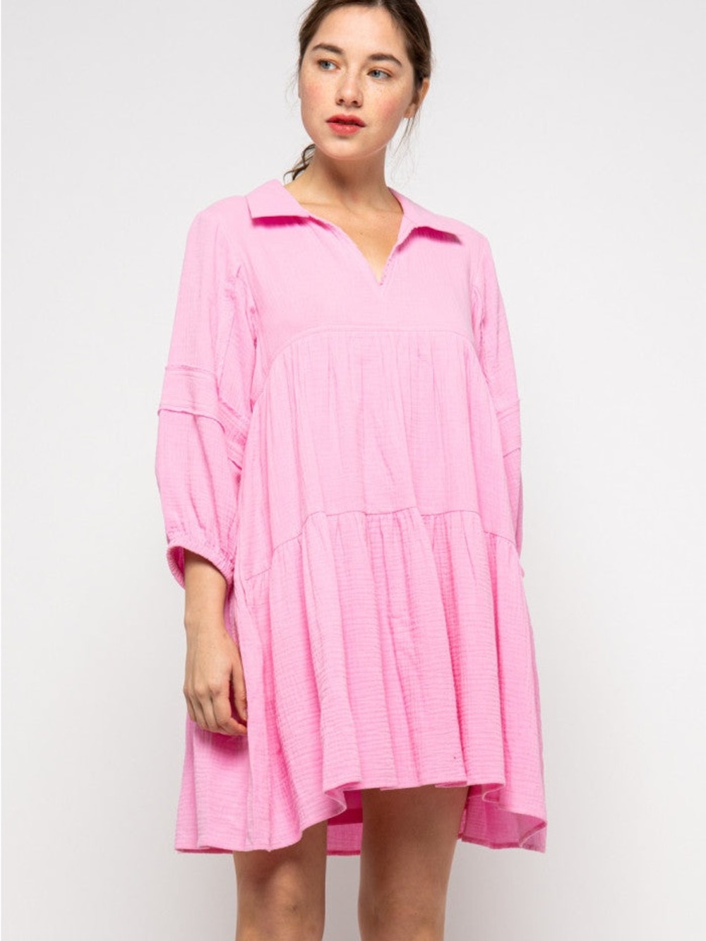 Pink Relaxed Tiered Collared Dress - Women